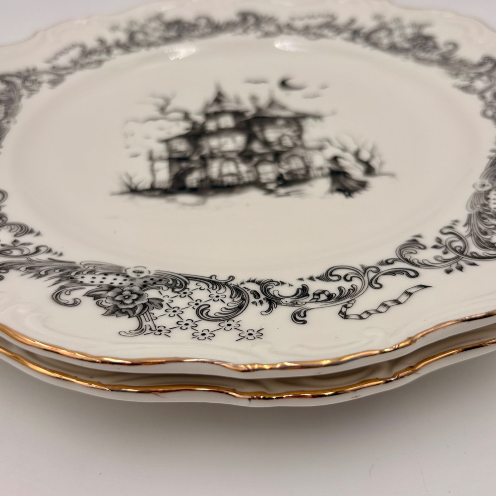 Gothic Haunted House Toile Cake Stand and Dinner Plates Set of 3 Gold Rim - Picture 6 of 7
